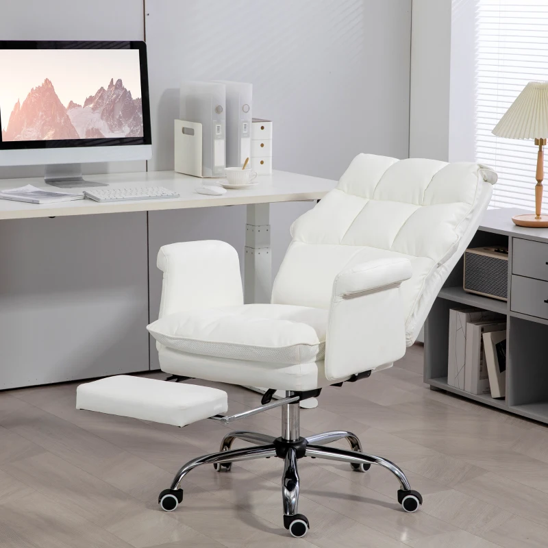HOMCOM PU Leather Executive Office Chair, Ergonomic and Reclining Office Desk Chair with Footrest, White