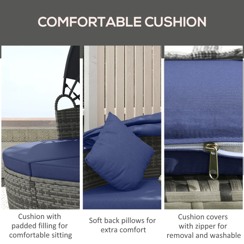Outsunny 4 Piece Round Rattan Daybed Furniture Set, Canopy, Outdoor Sofa, 2 Chairs, Extending Table Ottoman Chair, Pillows, Blue