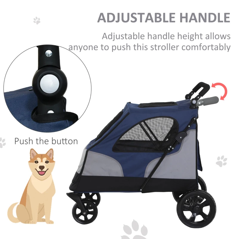 PawHut Pet Stroller Foldable Dog Cat Carriage with Adjustable Handlebar Brake, Storage Bag, Mesh Window, Safety Leash, Blue