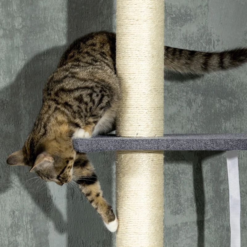 PawHut Floor To Ceiling Cat Tree, 5-Tier Cat Climbing Tower, 95''-106'' Height Adjustable with Carpeted Platforms, Cozy Bed
