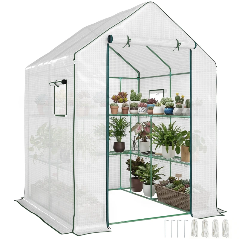 Outsunny Portable Greenhouse, Water/UV Resistant Walk-In Small Outdoor Green House with 2 Tier Flower Rack Shelves, White