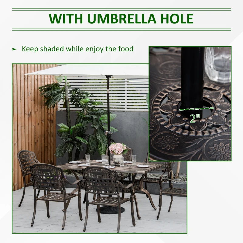 Outsunny 7-Piece Patio Dining Set, Cast Aluminum Outdoor Furniture Set with 6 Armchairs, 1 Table and Umbrella Hole, Bronze
