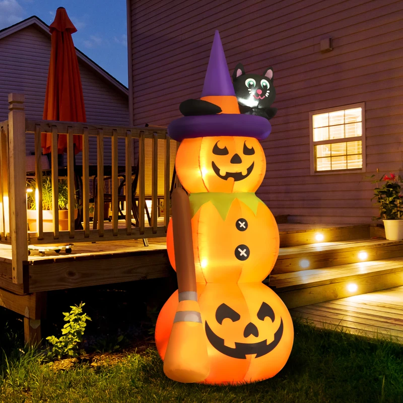 Outsunny 6' Cute Halloween Decoration Inflatable Pumpkin Man with Black Cat and Broom, Blow-Up LED Yard Display Indoor Outdoor