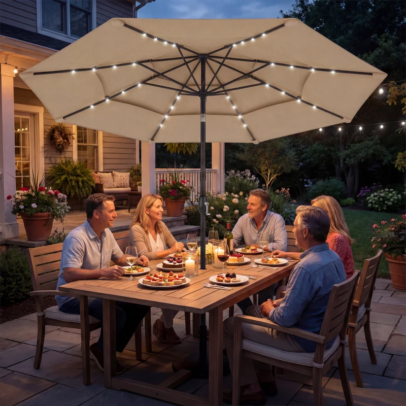 Outsunny 9.7 ft Outdoor Patio Umbrella with Solar LED Lights, 3 Tier Outdoor Table Umbrella with Tilt, Crank, Khaki