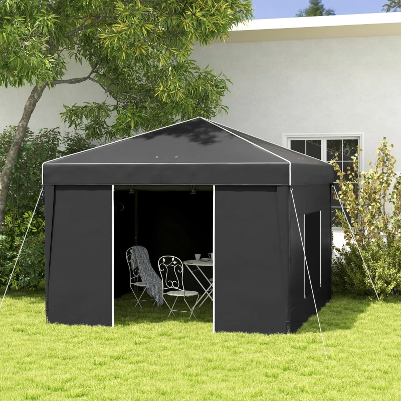 Outsunny 9.7' x 9.7' Pop Up Canopy with Sidewalls, Portable Canopy Tent with 2 Mesh Windows, Reflective Strips, Carry Bag, Black