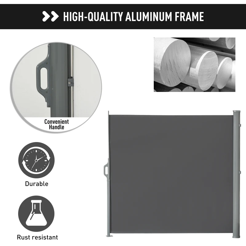 Outsunny 10' Retractable Folding Patio Privacy Side Awning with 50+ UV Protection, 2 Wall Brackets, & Polyester, Grey