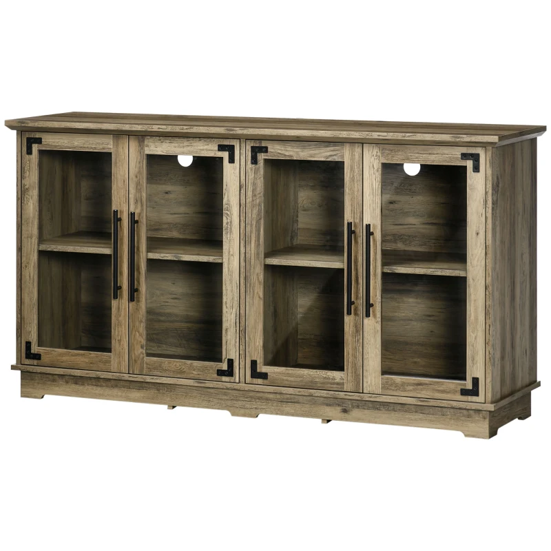 HOMCOM Farmhouse Sideboard, Buffet Cabinet, Coffee Bar Cabinet with 4 Glass Doors, Credenza, Distressed Grey