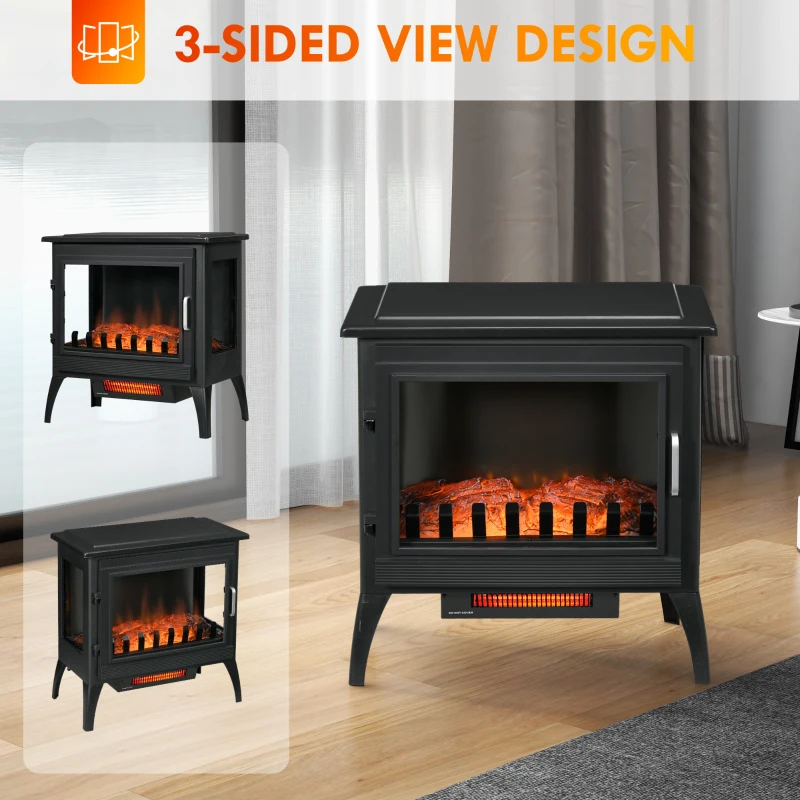 HOMCOM 24" Electric Fireplace Stove, 1000W/1500W Freestanding Fireplace Heater with Adjustable Temperature, Black