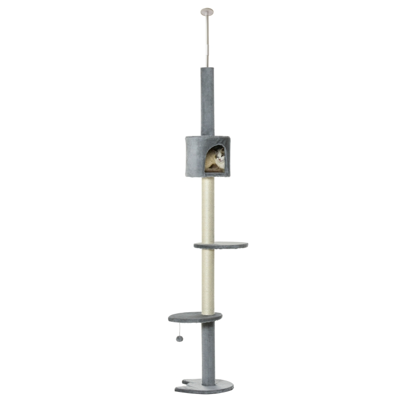 PawHut 100" Cat Tree Height Adjustable Floor-to-Ceiling 4-Tier Kitty Climbing Activity Center Condo Cat Toy with Scratching Post Hanging Balls Play Rest Post Pet Furniture Grey
