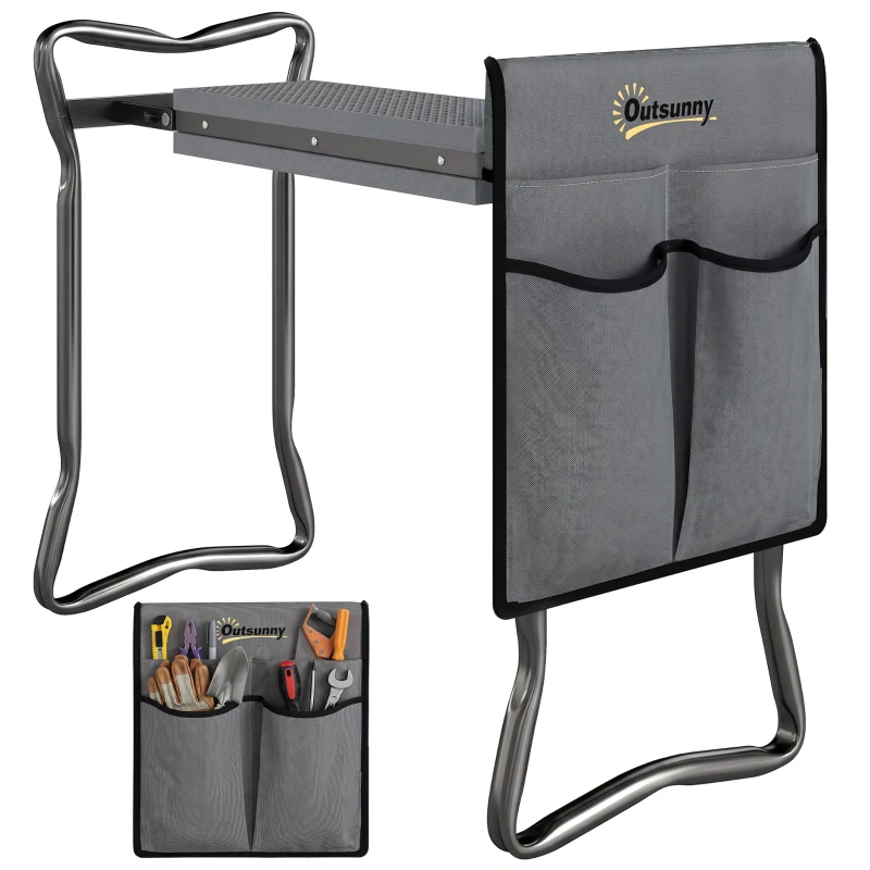 Outsunny 2-In-1 Garden Kneeler and Seat, Heavy Duty Foldable Garden Stool with Soft EVA Pad and Tool Pouch, Gray