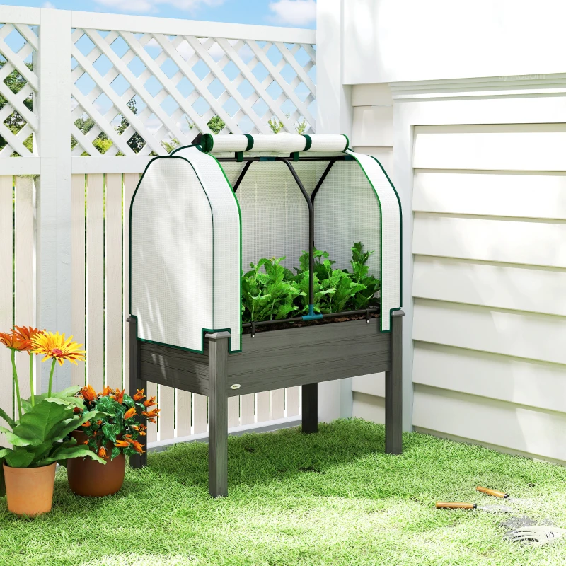 Outsunny Raised Garden Bed with PE Greenhouse Cover Outdoor Planter Box for Herbs and Vegetables, 35 x 22 x 47 inch, Dark Gray