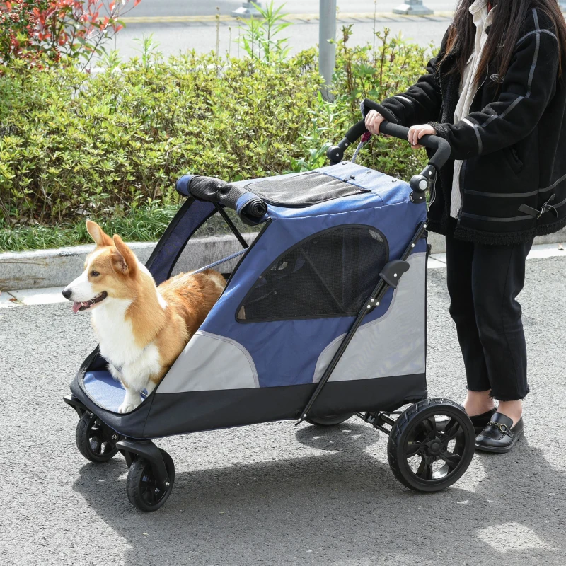 PawHut Pet Stroller Foldable Dog Cat Carriage with Adjustable Handlebar Brake, Storage Bag, Mesh Window, Safety Leash, Blue