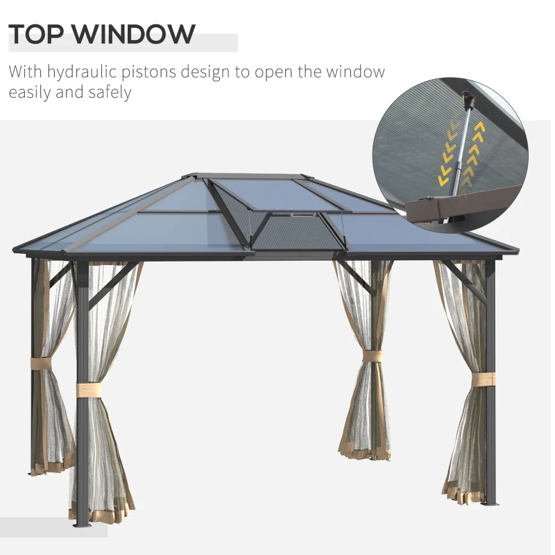 Outsunny 10' x 12' Hardtop Gazebo Canopy with Polycarbonate Roof, Aluminum Frame, Permanent Pavilion Outdoor Gazebo with Netting, for Patio, Garden, Backyard, Deck, Lawn, Gray, Brown