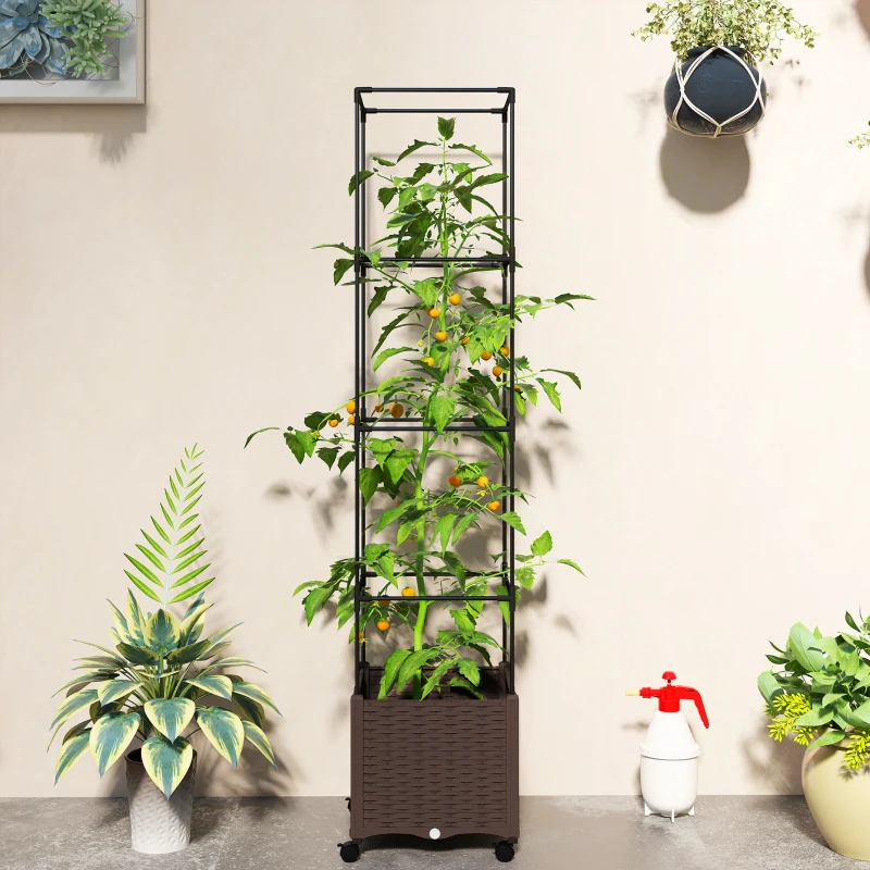 Outsunny Raised Garden Bed with Trellis, Tomato Cage with Lockable Wheels, Self Watering Planter Box with Drainage Holes, Brown