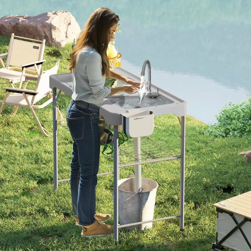 Outsunny Folding Fish Cleaning Table with Sinks, Portable Camping Sink Table with Faucet, Drainage Hose, Sprayer, Shelf, Drawer and Storage Basket, Outdoor Fillet Table for Picnic Beach Patio, Gray