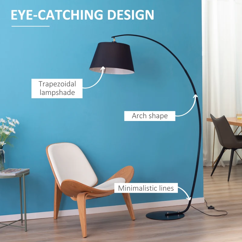 HOMCOM Arched Floor Lamp, Modern Standing Lamp with Foot Switch & Metal Base, Corner Reading Lamps Tall Pole Light for Office Bedroom Living Room, Black