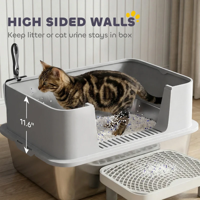PawHut Stainless Steel Litter Box with High Sides, Metal Cat Litter Box with Scoop, Pedal, Anti-Urine Leakage, Non-Sticky