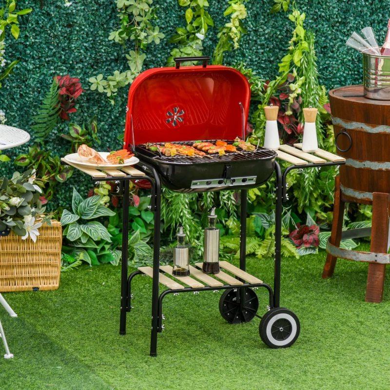 Outsunny Portable BBQ Grill Charcoal Grill with Wheels Bottom Shelf, 2 Tables and Adjustable Vents for Backyard Cooking, Red