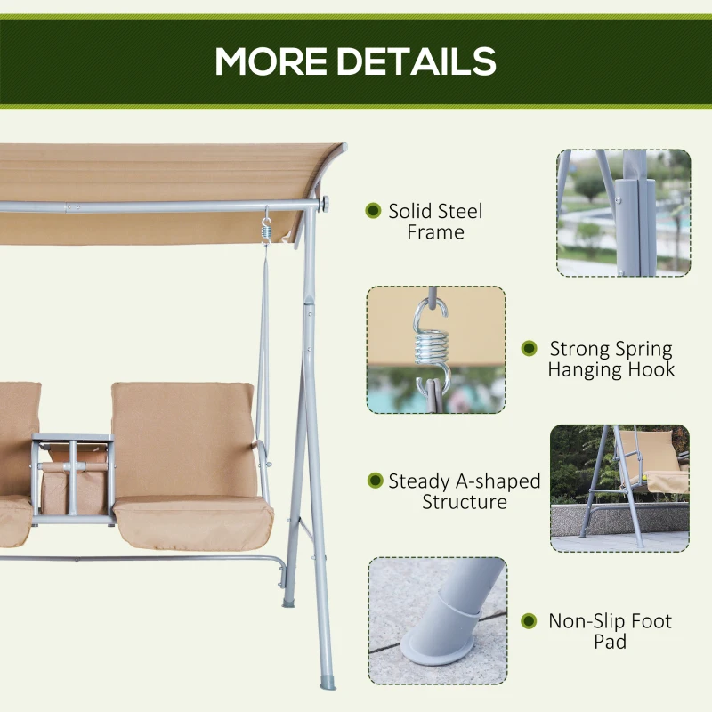 Outsunny 2-Seater Outdoor Porch Swing with Canopy and Table, Patio Swing Chair for Garden, Poolside, Backyard, Beige