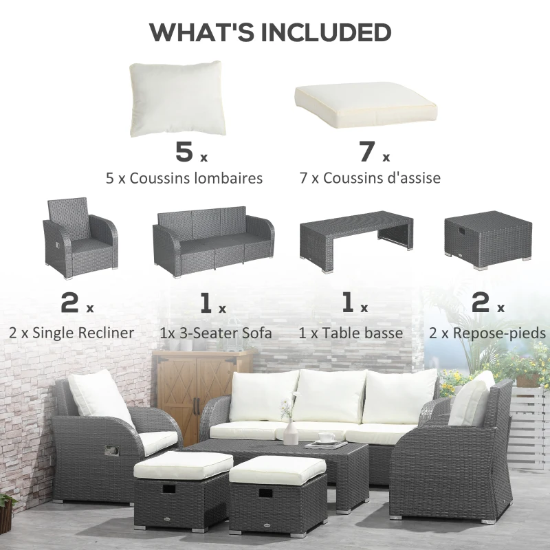 Outsunny 6-Piece Outdoor Rattan Patio Sectional Sofa Set with 3-Seat Couch, 2 Recliners, 2 Ottoman Footrests, & Coffee Table Conversation Set, Cream White