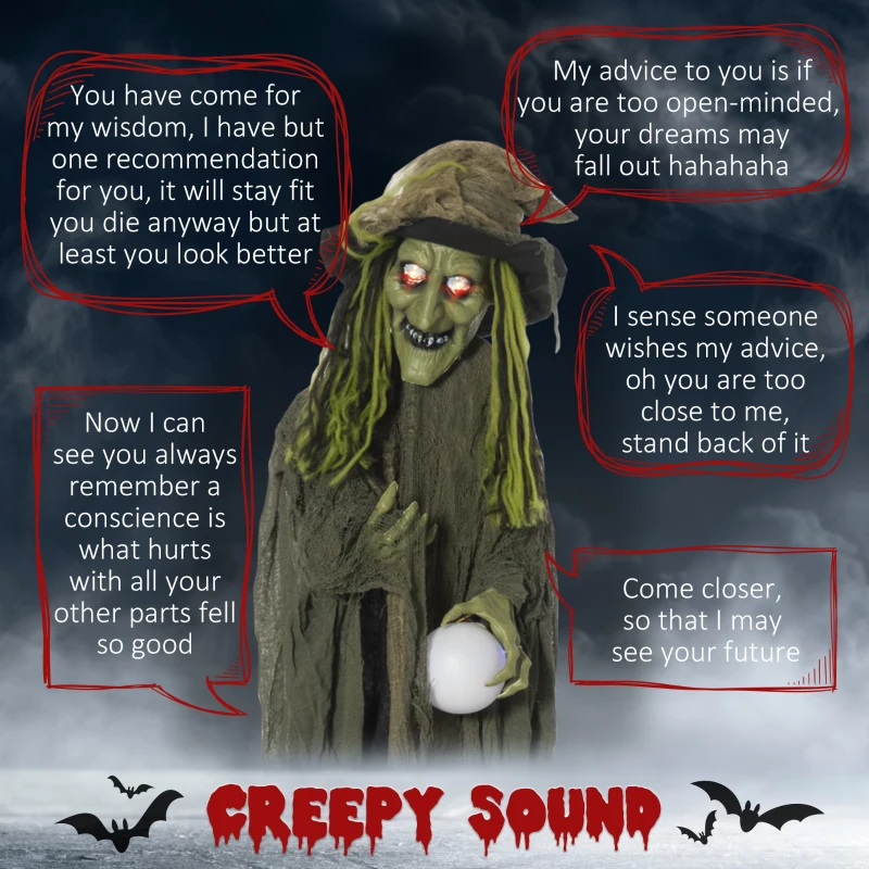 Outsunny 74" Life Size Outdoor Halloween Decorations Talking Zombie Witch, Animated Prop with Sound and Motion Activated Light Up Eyes and Multicolored Crystal Ball, Green