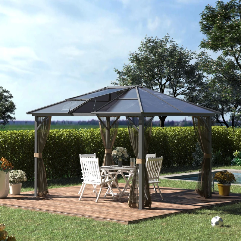 Outsunny 10' x 12' Hardtop Gazebo Canopy with Polycarbonate Roof, Aluminum Frame, Permanent Pavilion Outdoor Gazebo with Netting, for Patio, Garden, Backyard, Deck, Lawn, Gray, Brown