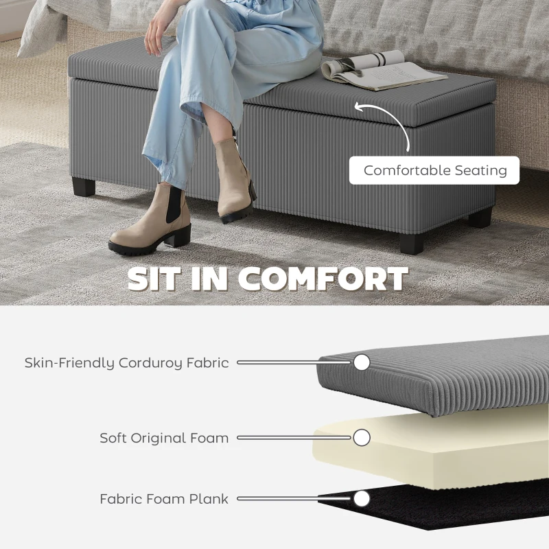 HOMCOM 47 Inches Storage Ottoman Bench, Foot Rest with Legs, End of Bed Bench, Corduroy Storage Chest for Living Room, Gray