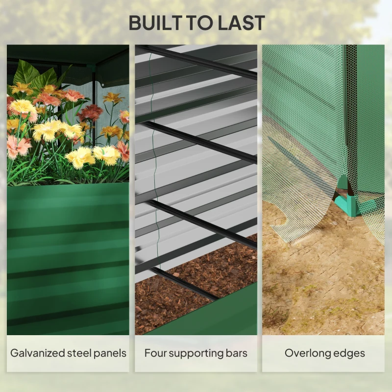 Outsunny Galvanized Steel Planter Box with Crop Cage and Shade Cloth, Raised Garden Bed for Flowers, Veggies and Herbs, Green