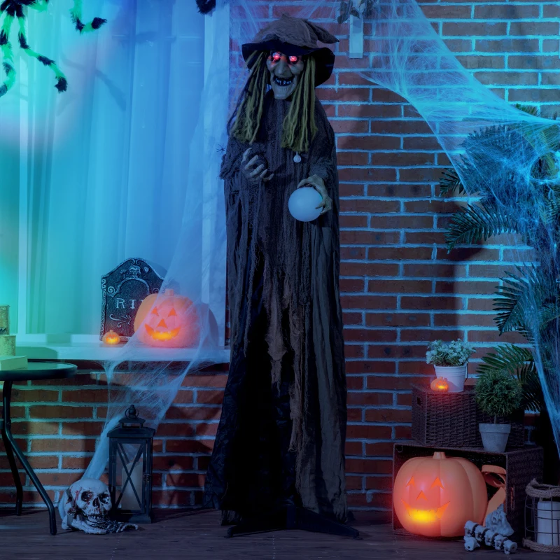 Outsunny 74" Life Size Outdoor Halloween Decorations Talking Zombie Witch, Animated Prop with Sound and Motion Activated Light Up Eyes and Multicolored Crystal Ball, Green