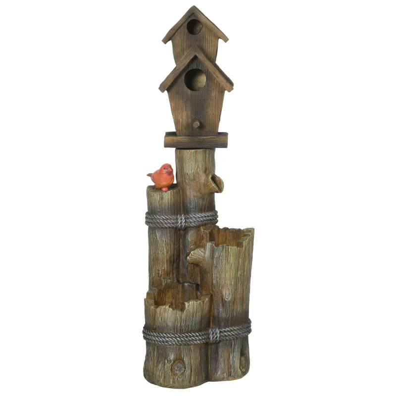 Outsunny Outdoor Fountain with Birdhouse, Cascading Garden Waterfall Bird Bath with 3-Tier Rustic Tree Trunk / Log Design, Brown