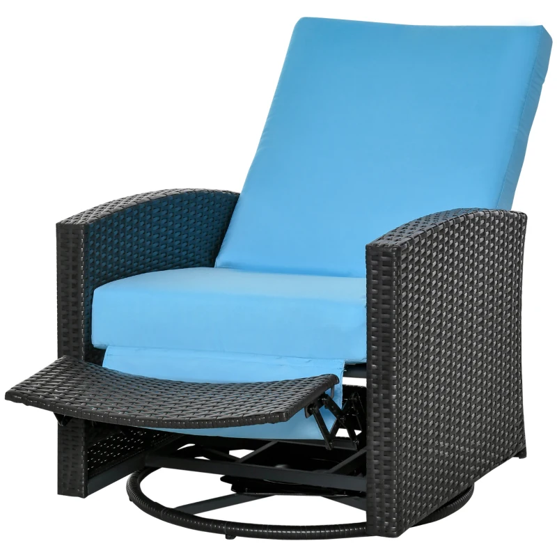Outsunny Outdoor Wicker Swivel Recliner Chair, Reclining Backrest, Lifting Footrest, 360° Rotating Basic, Water Resistant Cushions for Patio, Light Blue