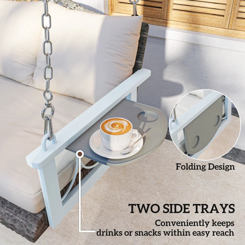 Outsunny 3 Person Wicker Hanging Outdoor Patio Porch Swing Bench with Cup Holders, Cushions, and Chains, Natural