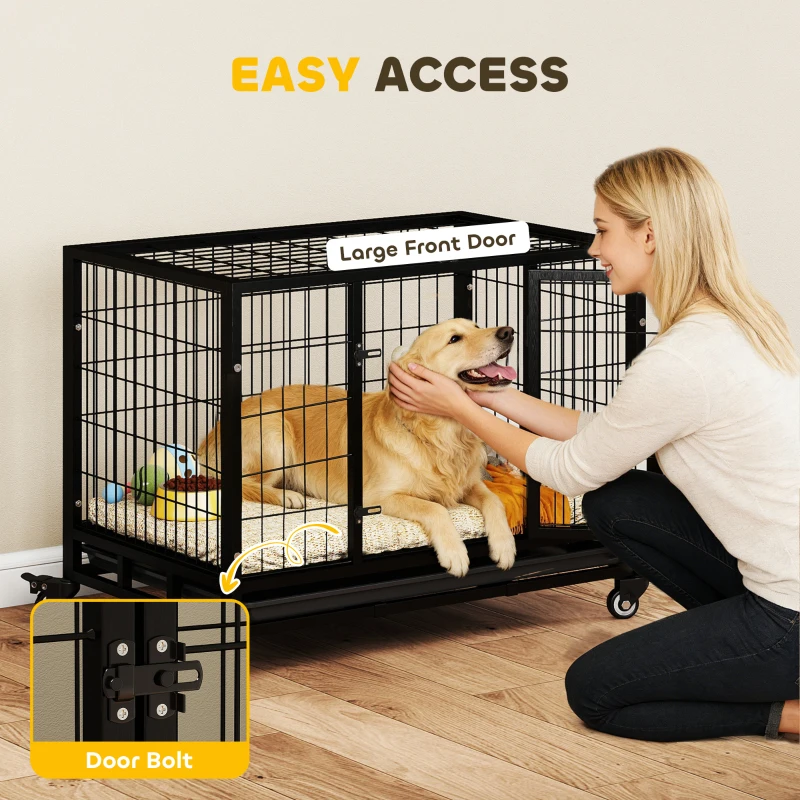PawHut 36" Heavy Duty Dog Crate with Removable Tray, Lockable Wheels and Double Door, for Medium and Large Dogs, Black