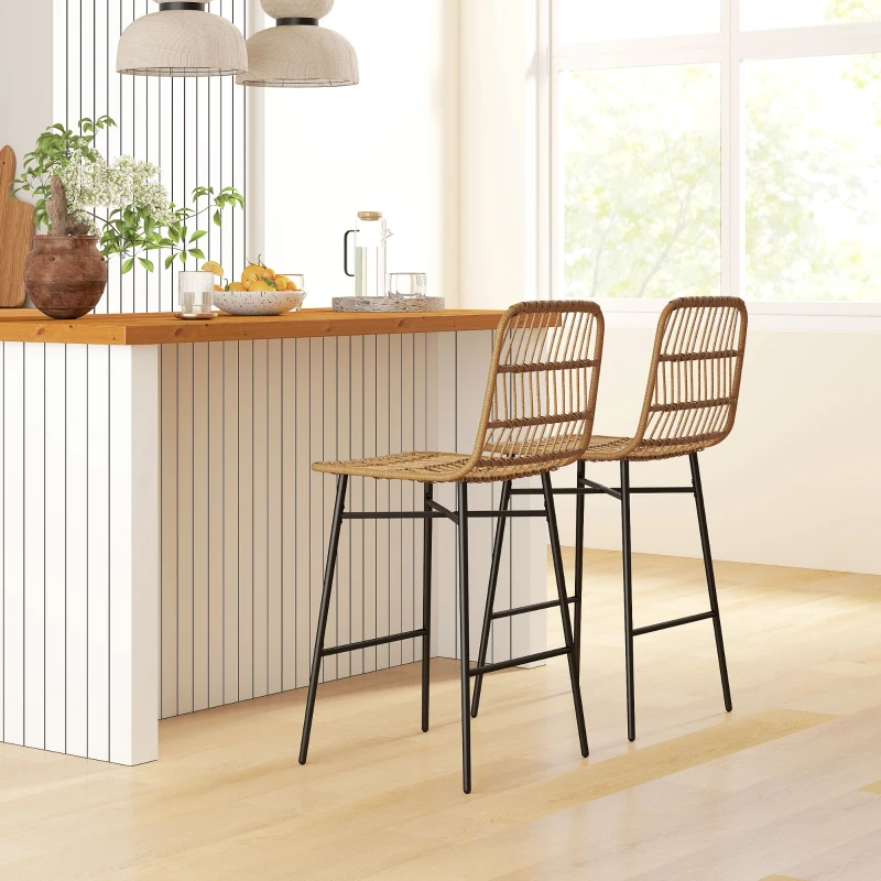 HOMCOM Rattan Counter Bar Stools Set of 2, 26" Counter Height Barstools with Back, Bar Chairs for Kitchen Island, Brown