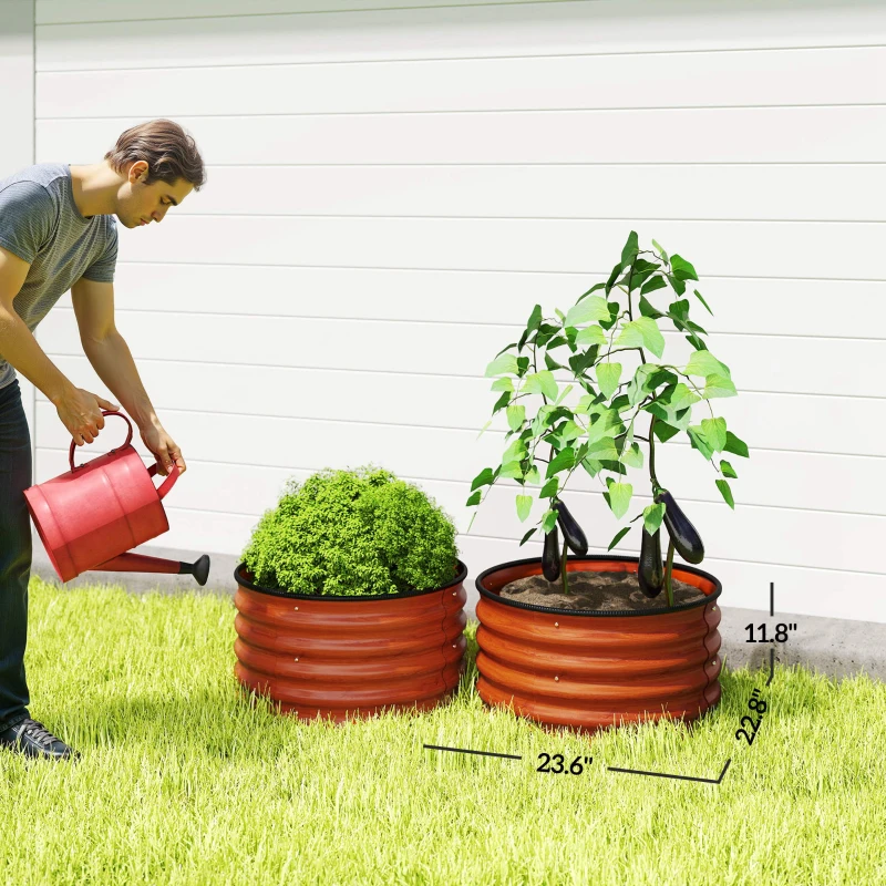 Outsunny Set of 2 Raised Garden Bed, Metal Planter Box with Safety Edging, Easy-to-assemble Stock Tank, Dark Brown