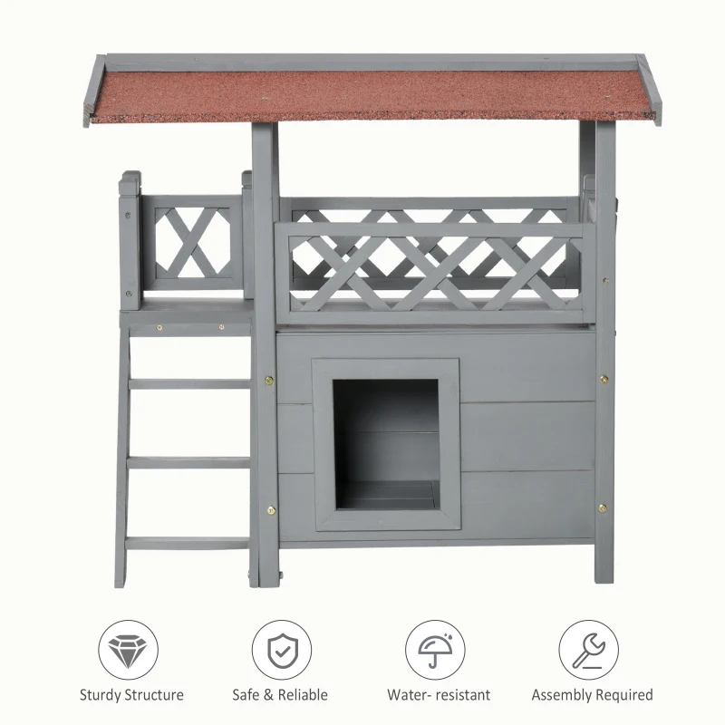 PawHut Wooden Cat House, 2-Floor Feral Cat Shelter, Kitten Condo Outdoor, Small Dog House with Balcony, Stairs, Asphalt Roof, Gray