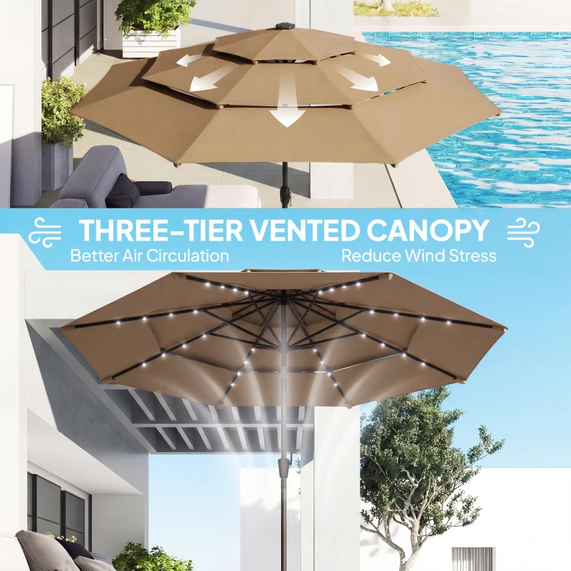 Outsunny 9.7 ft Outdoor Patio Umbrella with Solar LED Lights, 3 Tier Outdoor Table Umbrella with Tilt, Crank, Khaki