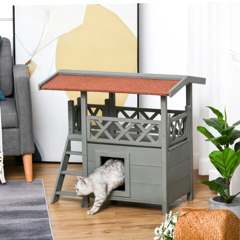 PawHut Wooden Cat House, 2-Floor Feral Cat Shelter, Kitten Condo Outdoor, Small Dog House with Balcony, Stairs, Asphalt Roof, Gray