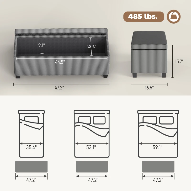HOMCOM 47 Inches Storage Ottoman Bench, Foot Rest with Legs, End of Bed Bench, Corduroy Storage Chest for Living Room, Gray