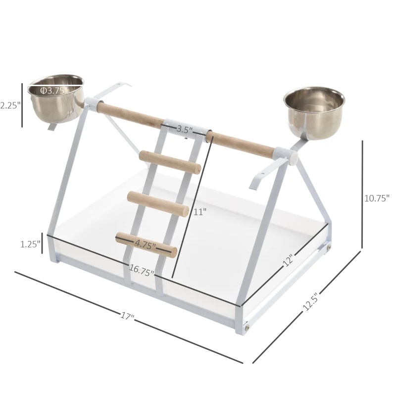 PawHut Portable Bird Play Perch Stand with Wooden Perch, Stainless Steel Feeding Bowls, & an Easy-Clean Tray, White
