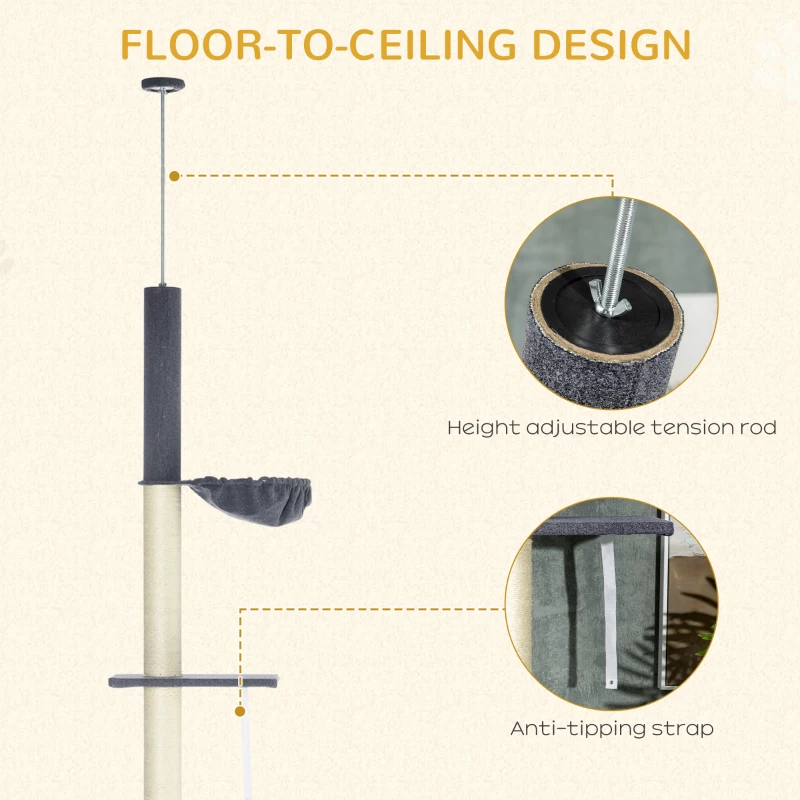 PawHut Floor To Ceiling Cat Tree, 5-Tier Cat Climbing Tower, 95''-106'' Height Adjustable with Carpeted Platforms, Cozy Bed