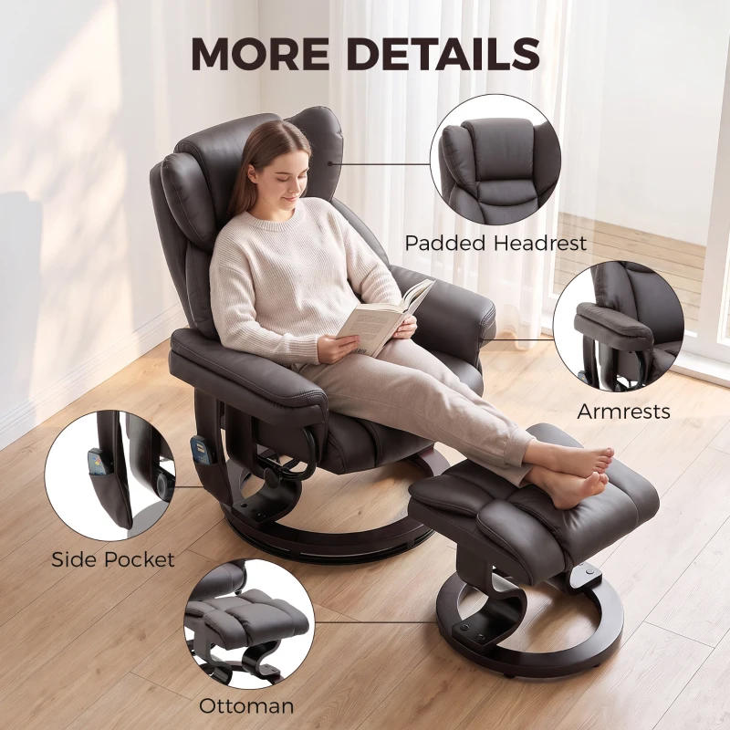 HOMCOM Massage Recliner Chair with Footrest, Swivel Armchair, Wrapped Wood Base, 10 Massage Points, Faux Leather, Brown