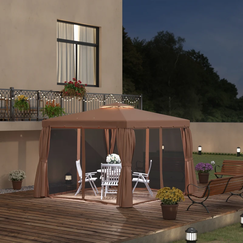 Outsunny 9.7' x 9.7' Patio Gazebo, Aluminum Frame Double Roof Outdoor Gazebo Canopy Shelter with Netting & Curtains, for Garden, Lawn, Backyard and Deck, Brown