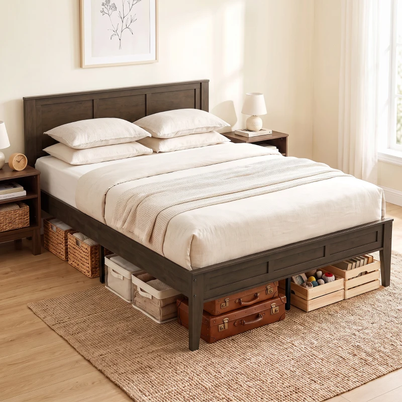 HOMCOM Queen Size Bed Frame with Headboard and Footboard, Mid-Century Modern Platform Bed Frame with Under-Bed Storage, Walnut