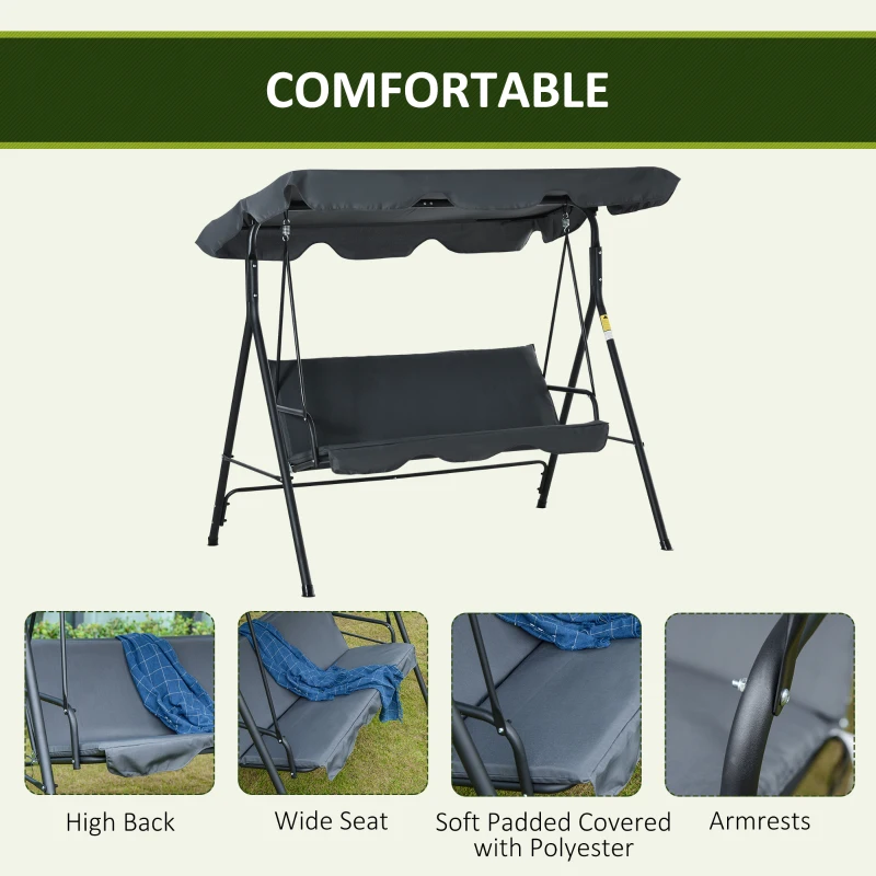 Outsunny 3-Seat Outdoor Patio Swing Chair with Removable Cushion, Steel Frame Stand and Adjustable Tilt Canopy for Patio, Garden, Poolside, Balcony, Backyard, Gray