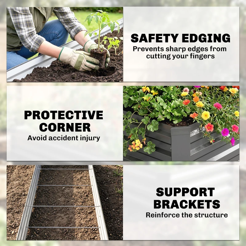 Outsunny 8x2x1ft Galvanized Raised Garden Bed Kit with Safety Edging for Flowers, Herbs and Vegetables, Dark Gray