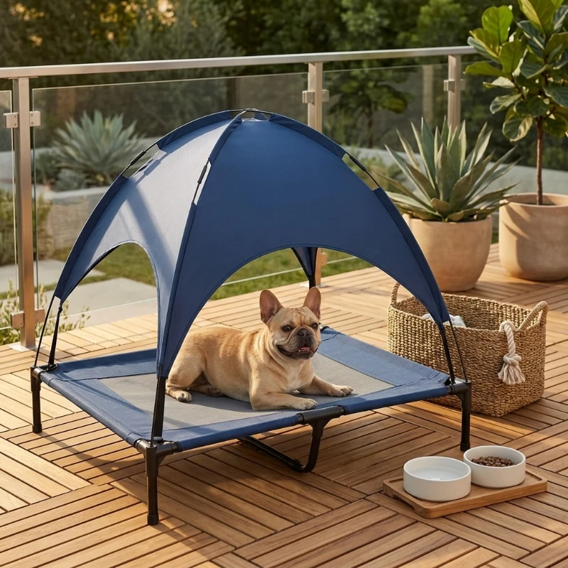 PawHut Elevated Portable Dog Cot Pet Bed with UV Protection Canopy Shade, 36 inch, Dark Blue