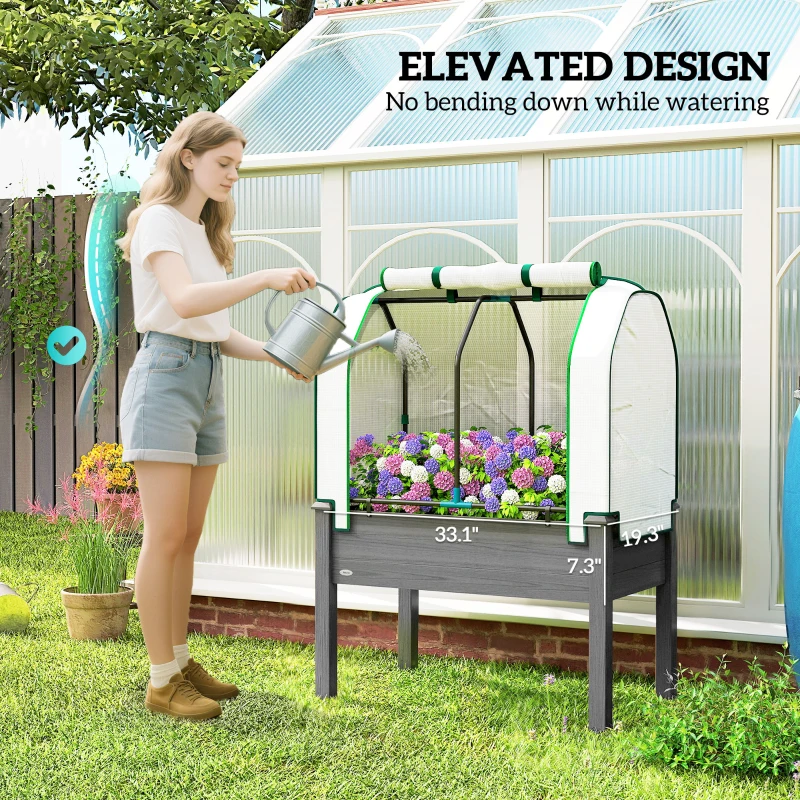 Outsunny Raised Garden Bed with PE Greenhouse Cover Outdoor Planter Box for Herbs and Vegetables, 35 x 22 x 47 inch, Dark Gray