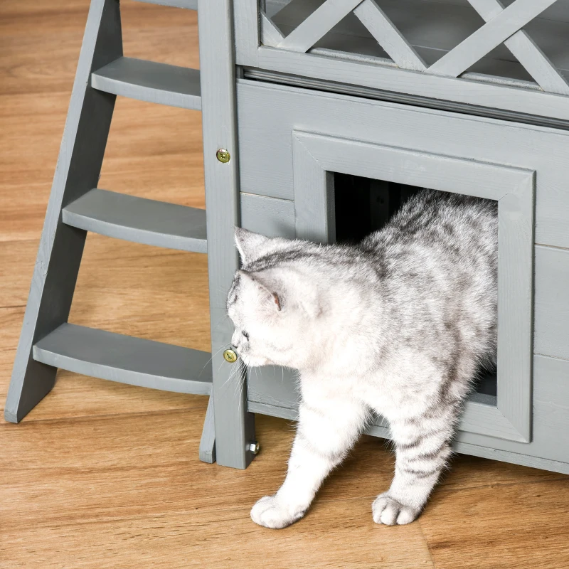 PawHut Wooden Cat House, 2-Floor Feral Cat Shelter, Kitten Condo Outdoor, Small Dog House with Balcony, Stairs, Asphalt Roof, Gray