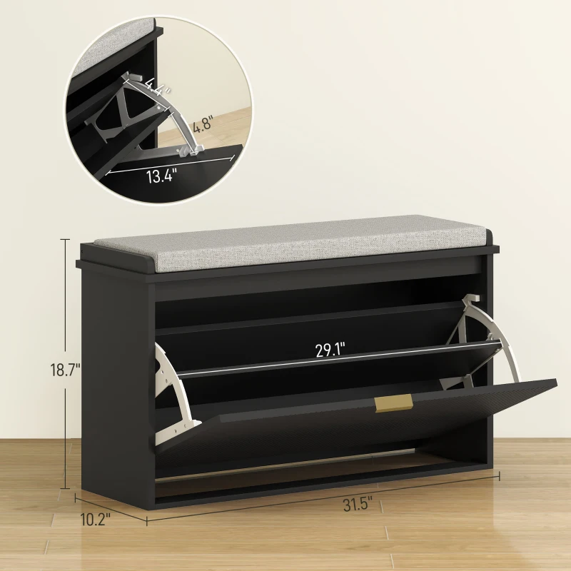 HOMCOM Shoe Storage Bench with Padded Seat Cushion and Flip-Drawer, Entryway Bench, Shoe Cabinet, 31.5x10.2x18.7 Inches, Black